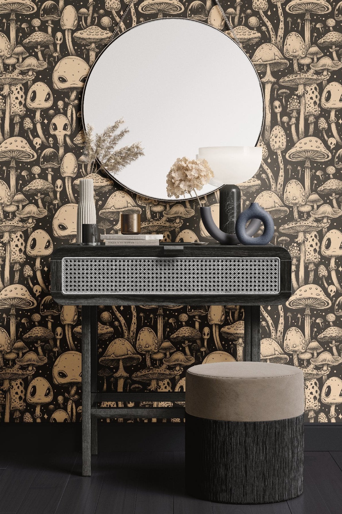 Alien Mushrooms Wallpaper | Beige | Custom wallpaper – INKTOPIA STUDIO INC.